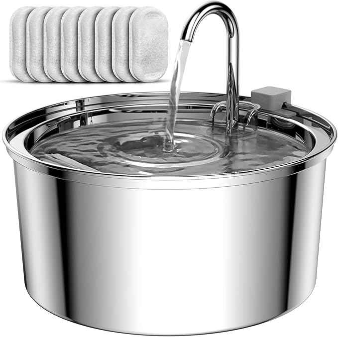 Tomxcute Cat Water Fountain, 3.2L/108oz Automatic Stainless Steel Pet Fountain Dog Water Dispenser, Ultra-Quiet Pump and 3 Replacement Filters & for Cats, Dogs, Multiple Pets
