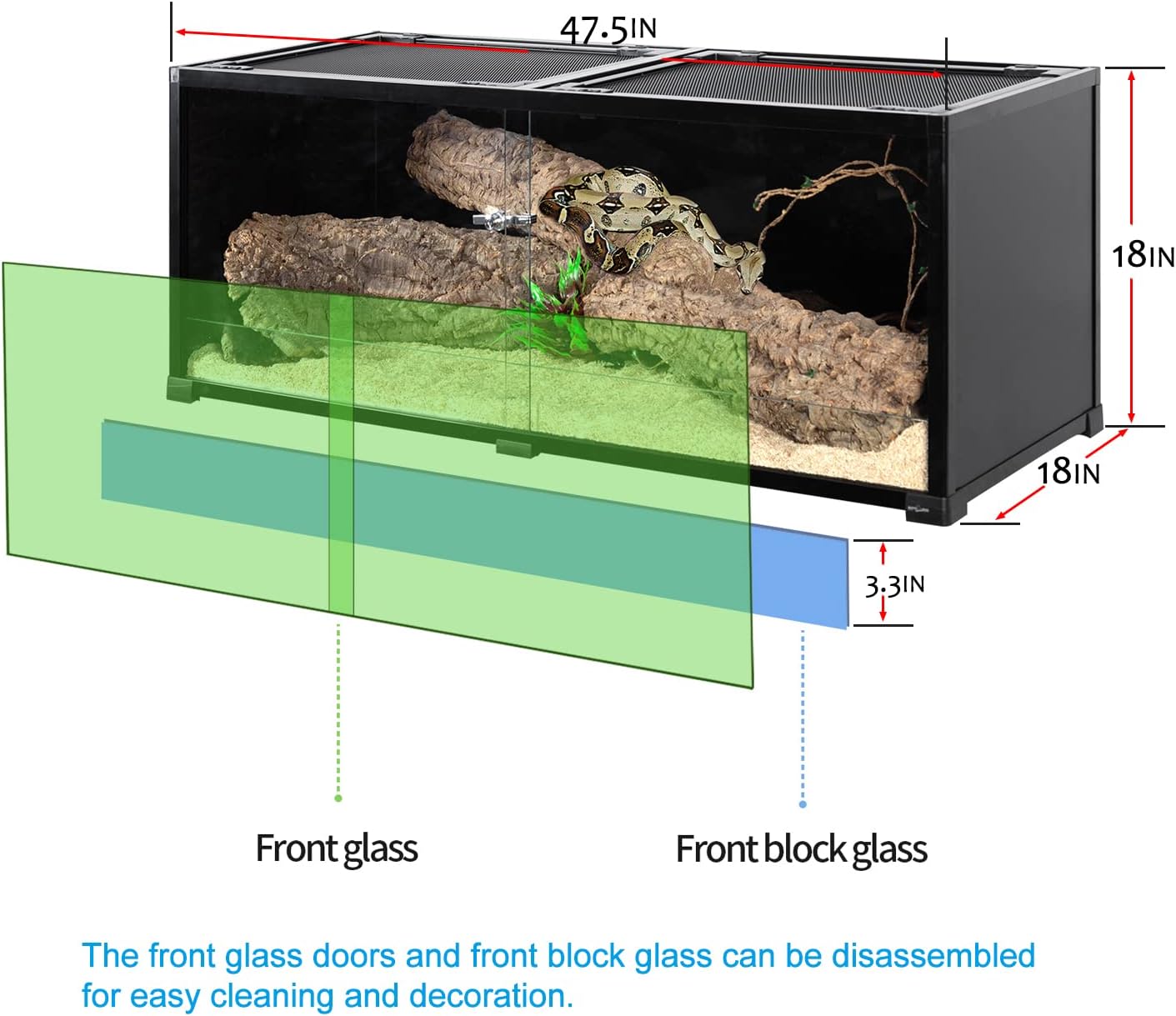 REPTI ZOO 68 Gallon Reptile Terrariums, 48" X 18" X 18" Reptiles Tanks Enclosure for Bearded Dragon Ball Python Snake, Black-Tinted ECO Glass Reptile Habitat with Sliding Door & Top Screen Ventilation - FurryFun
