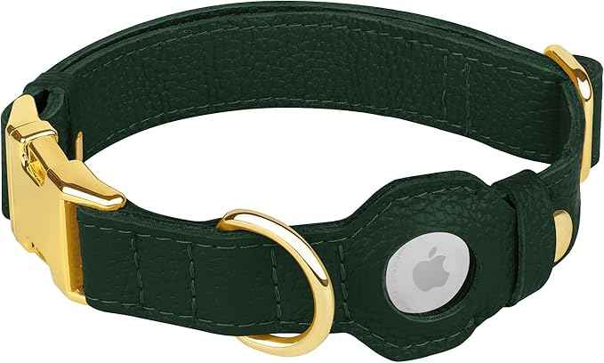 Leather Airtag Dog Collar - Soft Tracking Dog Collar with Apple AirTag Holder and Metal Buckle - Safety GPS Pet Collars for Small Medium Large Dogs Puppy Pink Red (Green, M, 14"-18" Neck Fit)