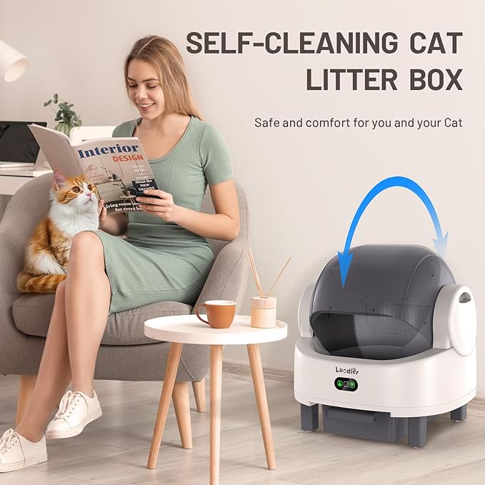 Self Cleaning Cat Litter Box, Open-Top Large Automatic Litter Box for Multiple Cats with Safety Sensors, Includes Liner Bags and Litter Mat White