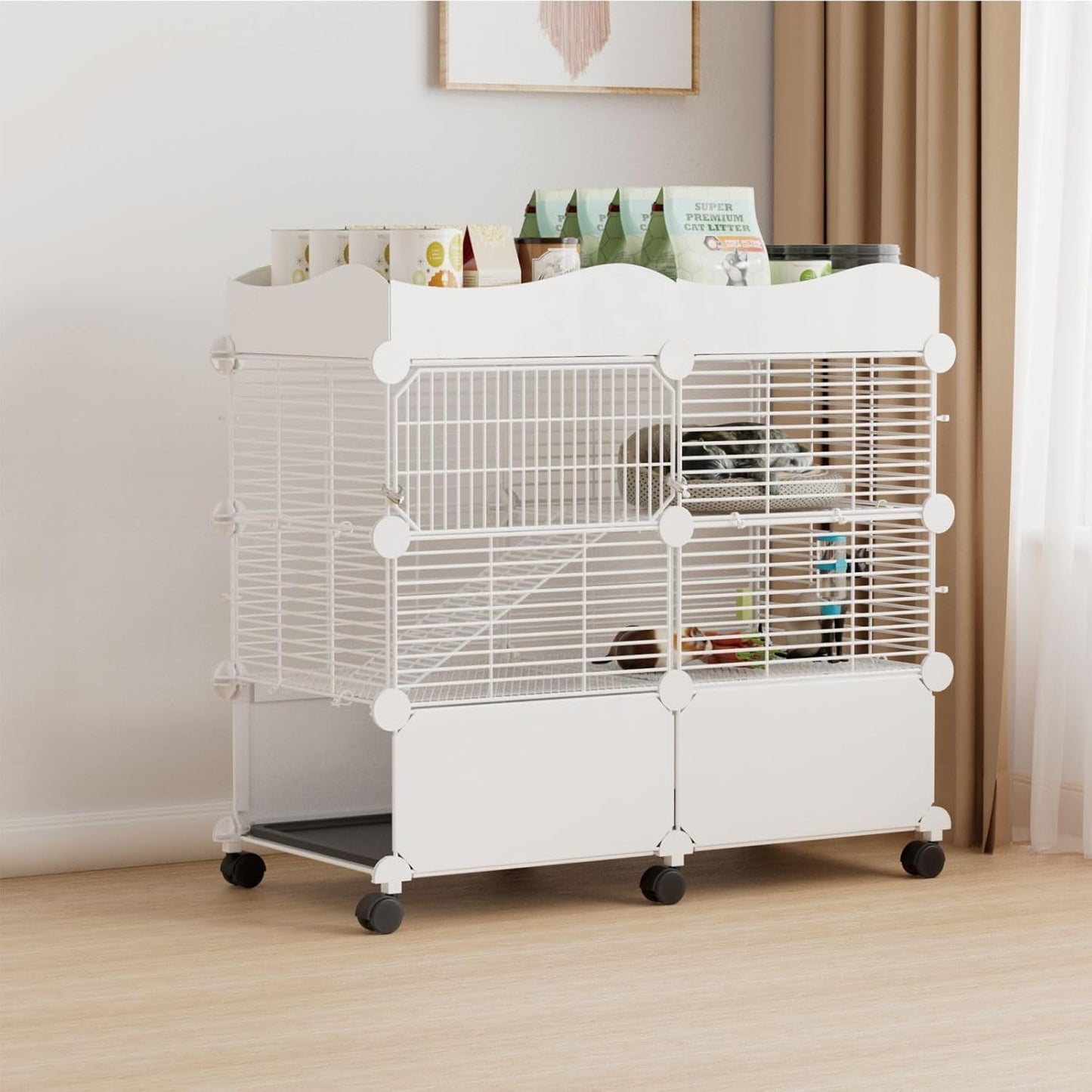 Small Guinea Pig Cages Indoor, C&C Chinchilla Rat Cage Rabbit House on Wheels with Tray