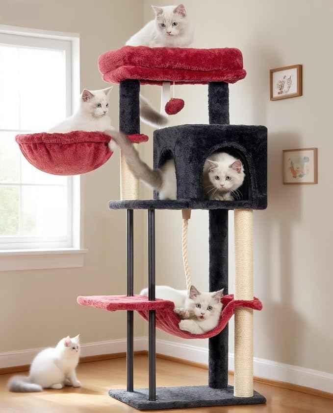 Cat Tree, Cat Tower for Indoor Cats, 43.3 inch Gothic Cat Tree Tower with Sturdy Steel Tube, Hammock, Cat Condo for Small Cats and Kittens, Scratching Post, Black and red GCT004SBR