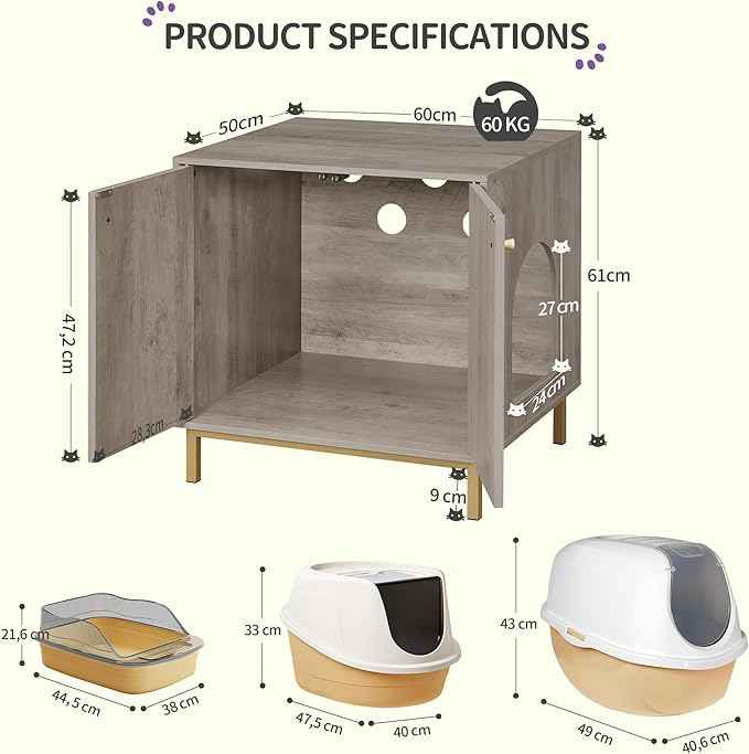 Cat Litter Box Enclosure, Hidden Litter Box Furniture Cabinet, Wooden Indoor Cat House, Side End Table, Living Room, Bedroom, Greige and Gold CB81205G
