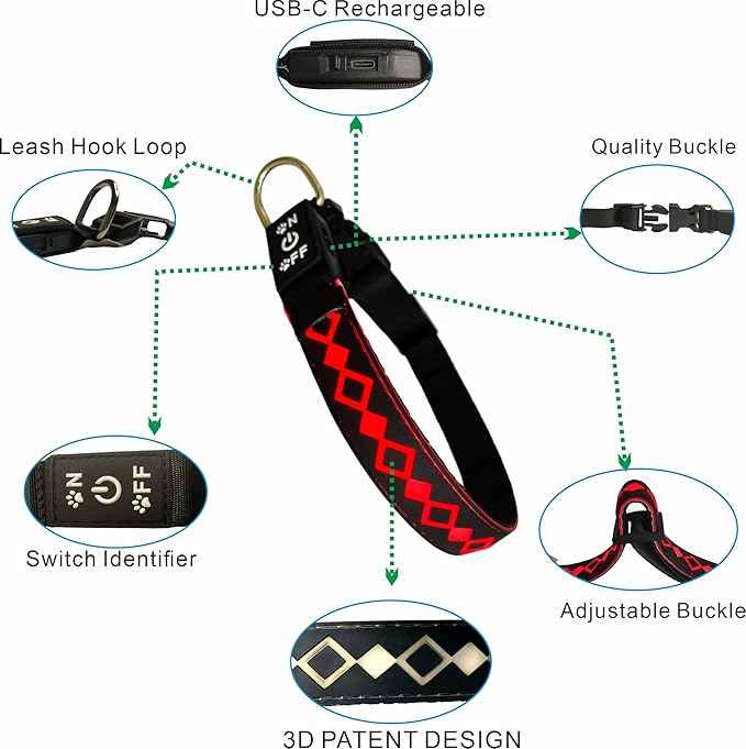 LED Dog Collar with AirTag Holder and Custom ID Tag, 15 Light Modes, Waterproof, Multiple Colors (RED, M(11.8-15.7"))