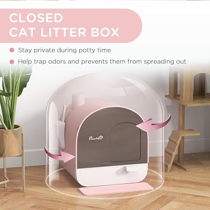 PawHut Cat Litter Box with Lid, Covered Litter Box for Indoor Cats with Tray, Scoop, Mat, Filter, 17" x 17" x 18.5", Pink