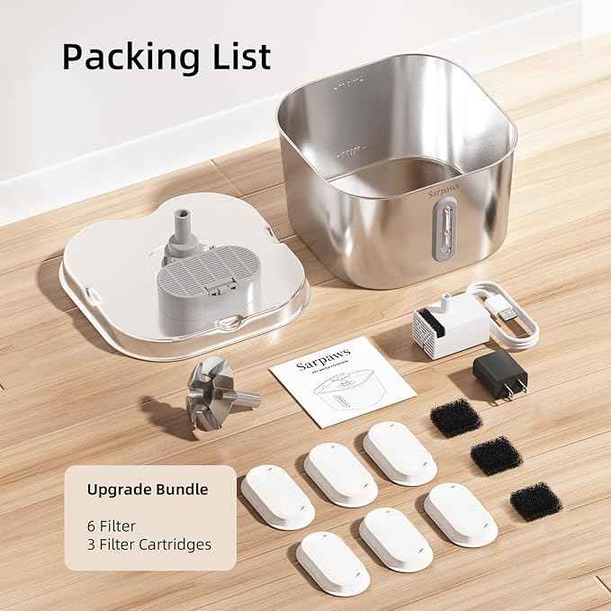 Cat Water Fountain Stainless Steel：74oz/2.2L SARPAWS Water Fountains for Cats Indoor, Cat Fountains for Drinking, Ultra-Quiet, Water Level Window, Pet Water Fountain - 6 Filters + 3 Sponges