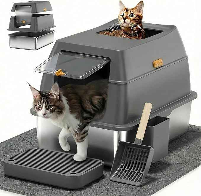 Stainless Steel Litter Box with Lid,Front Entry Top Exit Kitty LitterBox,Extra Large Enclosed Metal Cat Box with Litter Scoop & Litter Mat-Dark Gray