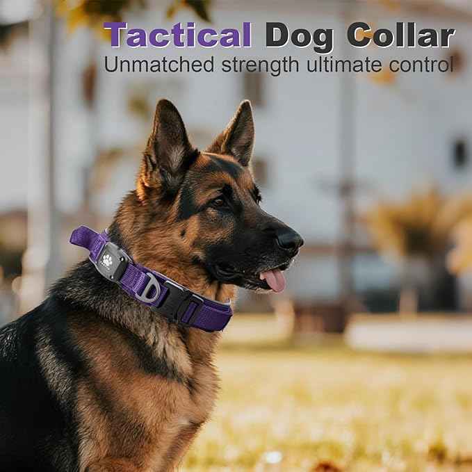 2026 Upgrade Dog Collar with IPX8 Waterproof AirTag Holder,Military Tactical Comfortable Control Handle and Ultra-Durable Metal Buckle/Night Reflective,GPS Collar for Medium to Large Dogs（Purple/L）
