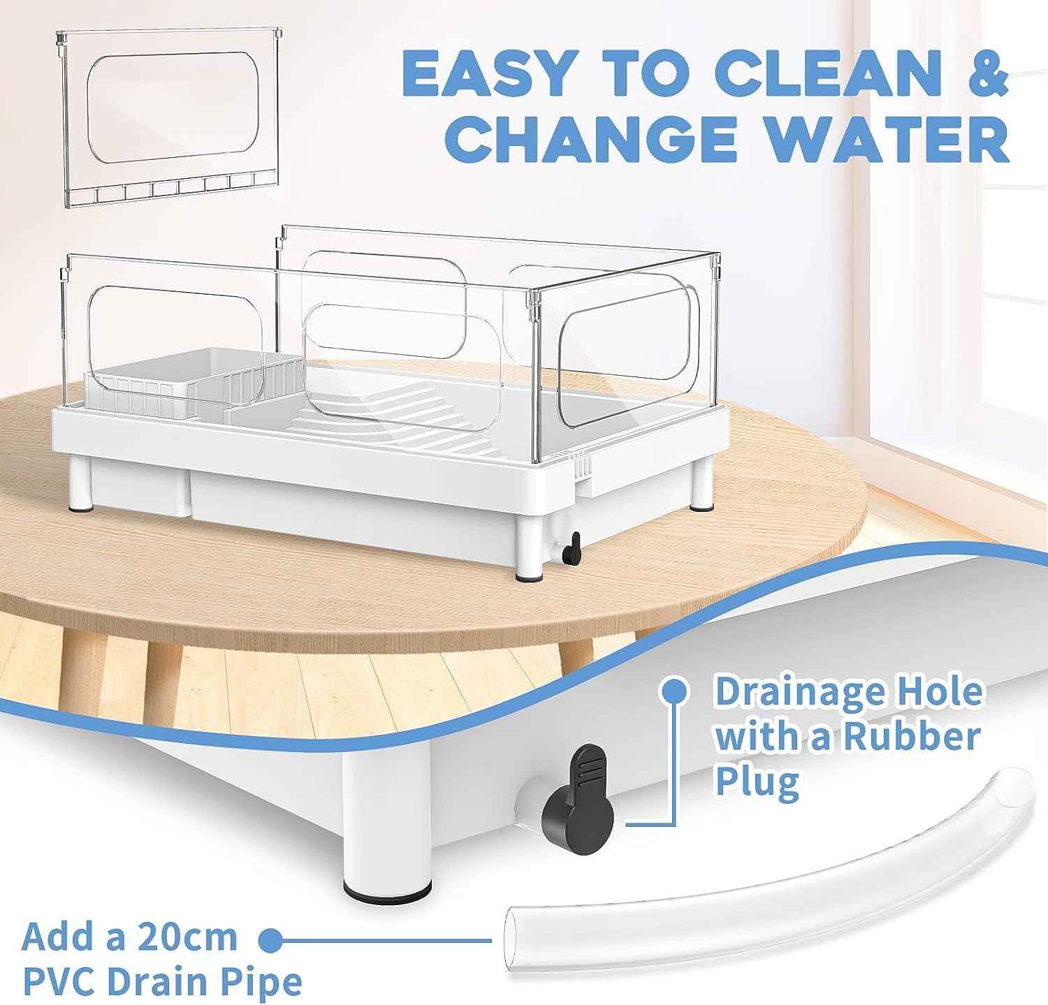 Small Turtle Tank Kit(Tank+Light+Filter), Acrylic Turtle Tank Starter Kit with Basking Platform, Bottom Drainage, Multi-Function Areas for Turtles, Crayfish, Small Reptiles.(White+Black)