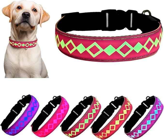 LED Dog Collar with AirTag Holder and Custom ID Tag, 15 Light Modes, Waterproof, Multiple Colors (PINK, XL(19.7-23.6"))