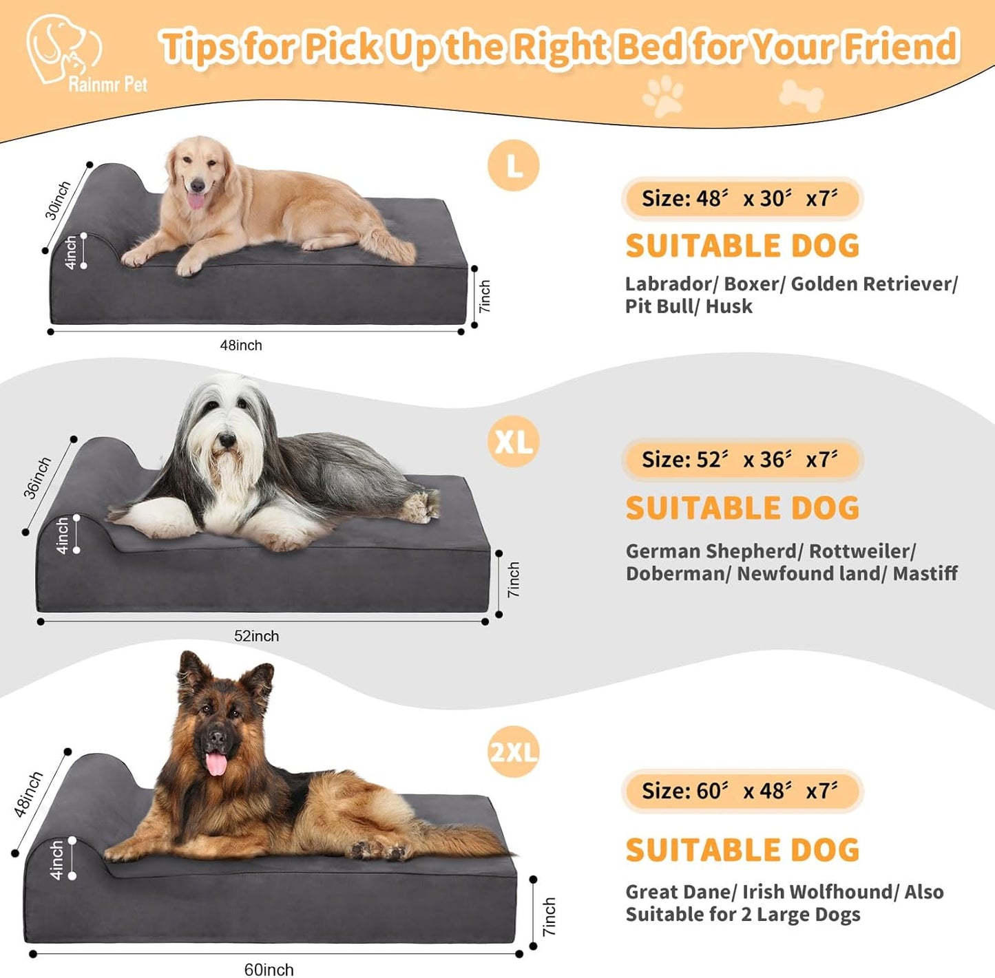 Large Orthopedic Dog Bed, 7" Memory Foam with Waterproof Liner, Chew Resistant Microsuede Cover, Removable and Washable, for Indoor, Outdoor, and Car Use, Nonskid Base, 52"x36" XL Grey