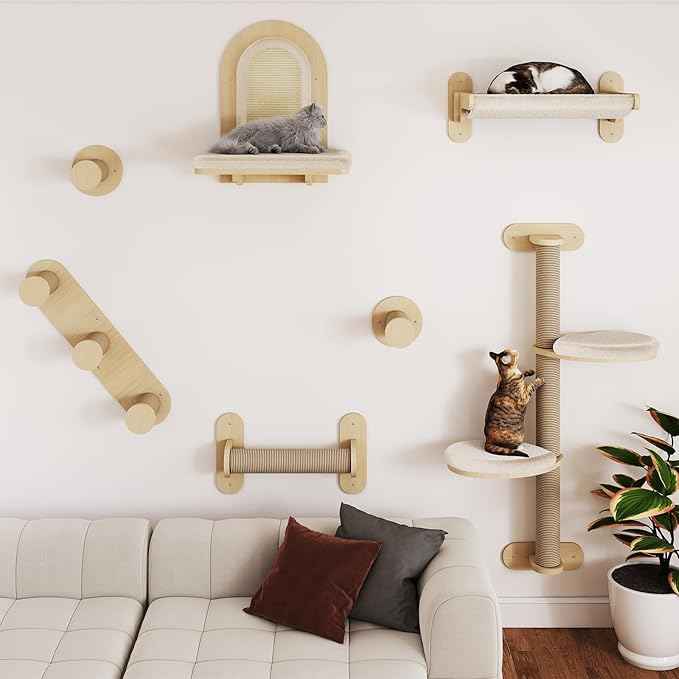 BYBYME 7 Pcs Wall-Mounted Cat Shelves, Multi-Level Sturdy Climbing Frame with Scratching Posts, Kitten Platform & Cat Bed for Playing & Resting, Solid Wood Indoor Cat Room Tree（Natural Wood）