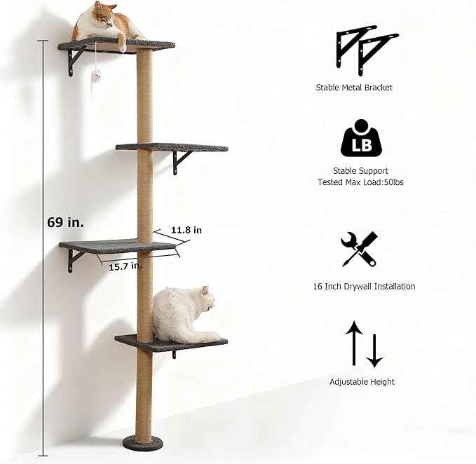 Cat Tree Wall Mounted,Tall Scratching Post for Indoor Cats Climbing Tower Activity Wood Cat Wall Furniture (Grey)