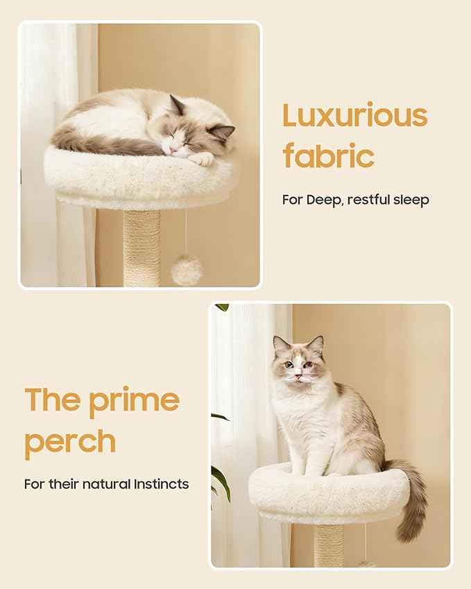 Cat Tree, 34.3 Inches Cat Tower with Scratching Post, Condo, Interactive Hanging Ball, Plush Perch for Indoor Large Cats, Beige