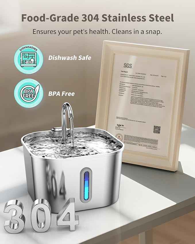 Cat Water Fountain Stainless Steel, 74oz/2.2L Cat Fountain with Quiet Pump, Automatic Pet Water Dispenser, Ideal for Multi-pet Homes, Fresh & Clean Water for Cats and Dogs