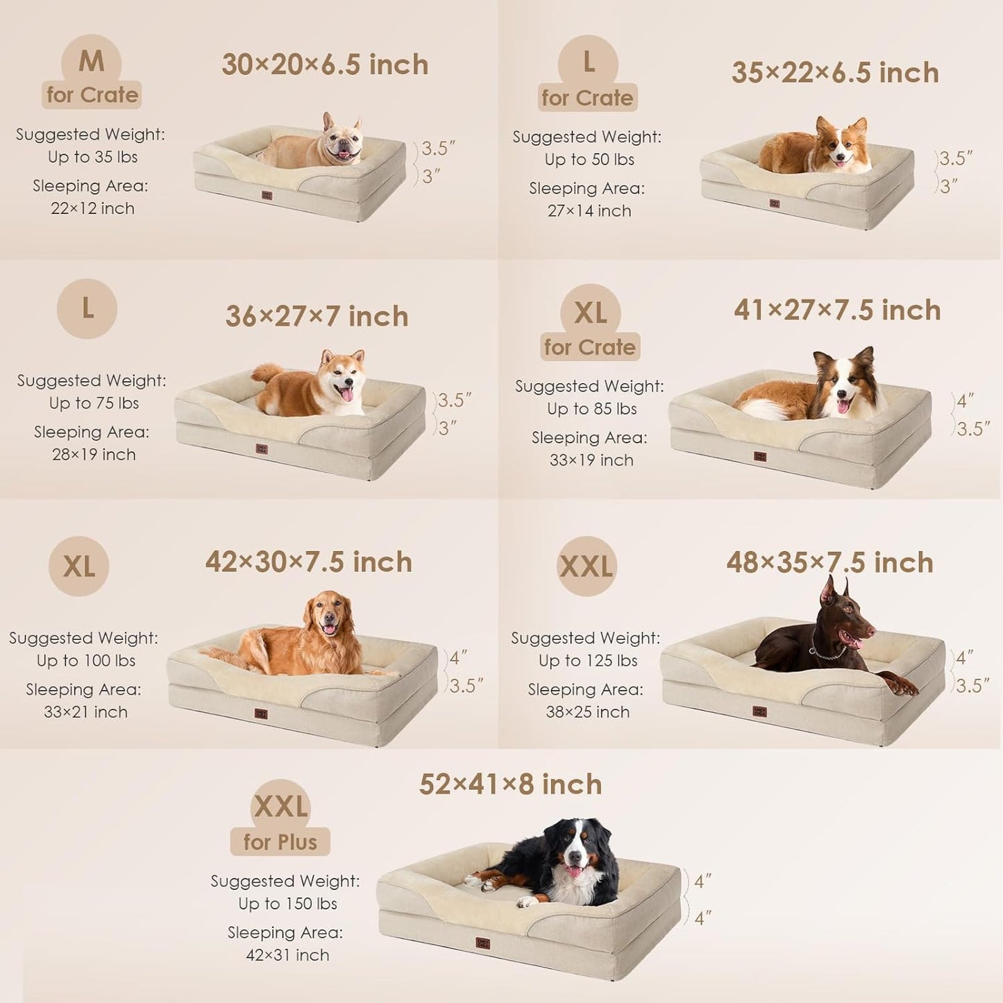 EHEYCIGA Memory Foam XXL Dog Bed for XLarge Sized, Extra Large Orthopedic Dog Sofa with Sides and Waterproof Liner, Washable Bolster Pet Couch with Removable Cover, 52x41x8 Inch, Beige