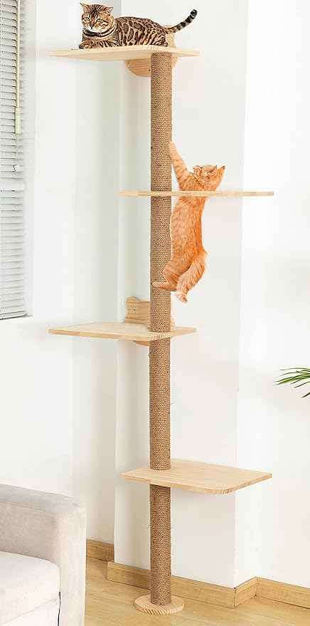 Cat Tree Wall Mounted,Tall Scratching Post for Indoor Cats Climbing Tower Activity Wood Cat Wall Furniture(Wood)