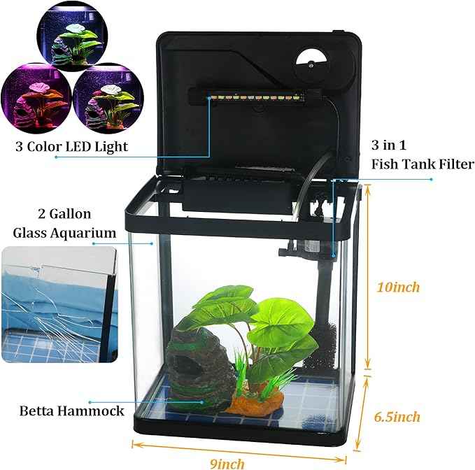 Betta Fish Tank Self Cleaning Glass 2 Gallon Small Nano Aquarium Starter Kits Desktop Room Decor w/LED Light Decorations & Whisper Filters Water Pump (Fish Tank)