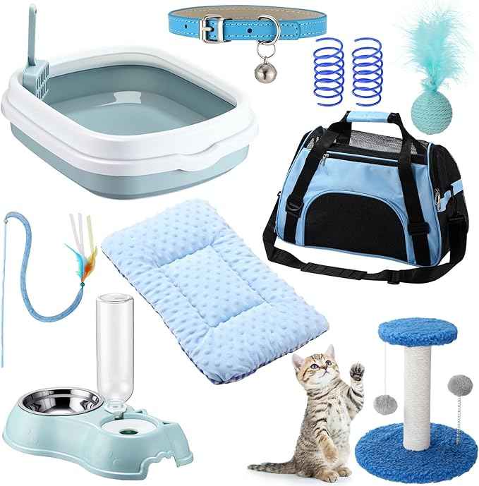 Eccliy Kitten Starter Kit, 10 Pcs Cat Starter Kit for Indoor Cats Kitten Essentials Includes Litter Box, Pet Toy, Folding Carrier, Climbing Frame, Mat, Collar, Automatic Food Bow(Classic,Blue)