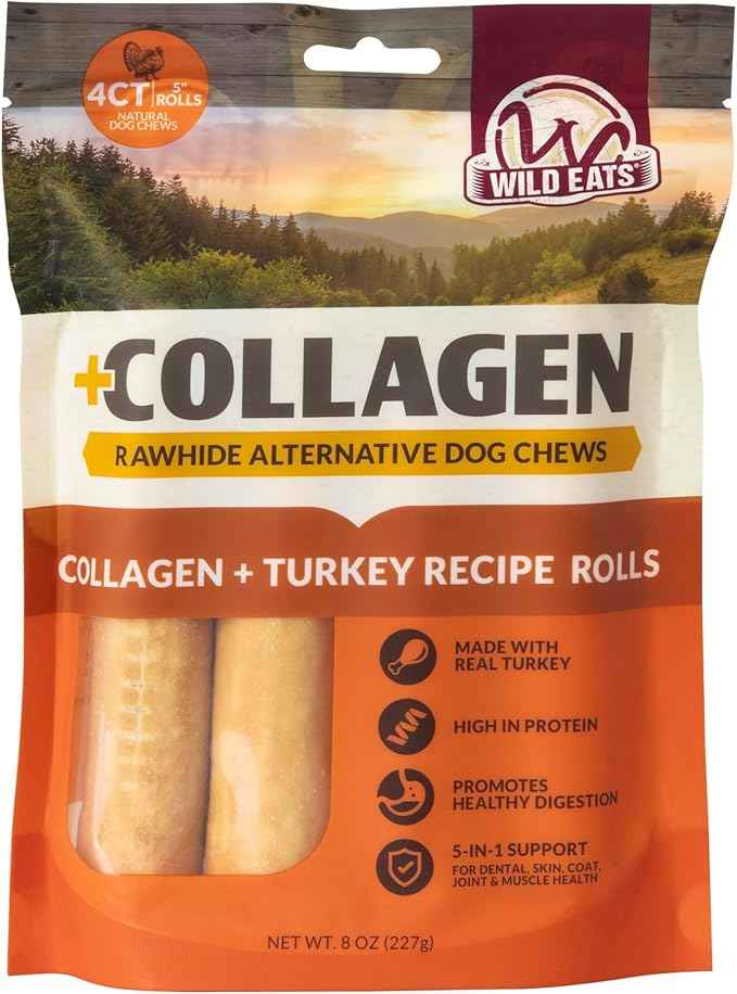 Wild Eats Turkey Flavor Collagen Retriever Style Cheek Rolls 5" Dog Chews-4 Pack (Long Lasting Dog Chews Treats & Bones for Medium Dogs) Substitute for Pig Ears for Dogs