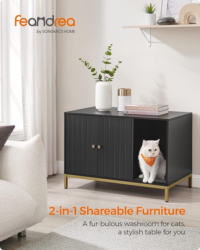 Feandrea Cat Litter Box Enclosure, Hidden Litter Box Furniture with Scratch Pad, Front Entry, Double Cabinet Doors, Modern Style, 31.5" Cat House Washroom Side End Table, Black and Gold