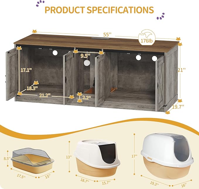 55" L Cat Litter Box Enclosure for 2 Cats, Double Hidden Litter Box Furniture with Scratch Pad, Wooden Cat Cabinet with USB Ports & Power Outlets, Farmhouse TV Stand, Greige CB82505X