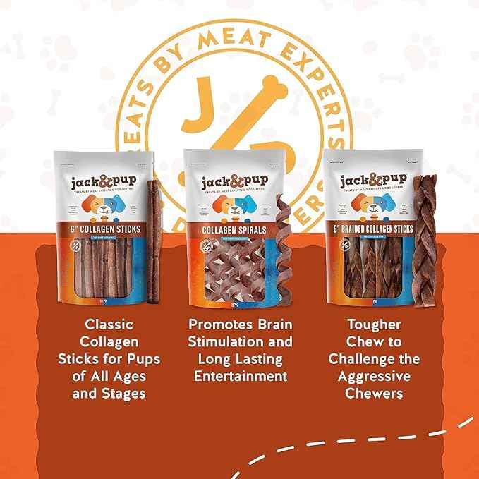 Jack&Pup 6" Beef Collagen Sticks for Dogs - Rawhide Free Dog Chews Long Lasting Collagen Chews for Dogs - Bully Sticks Alternative (4 Pack)
