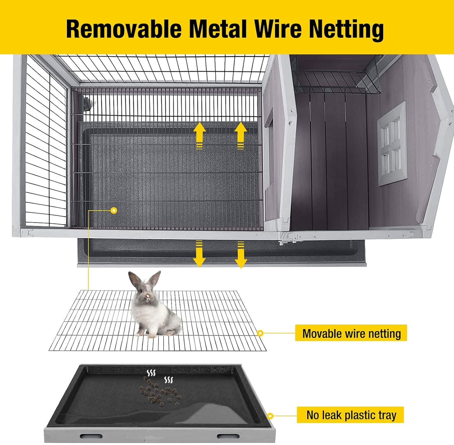 Aivituvin Rabbit Hutch Indoor Bunny Cage Outdoor Bunny House with Wire Floor Leakproof Plastic Tray