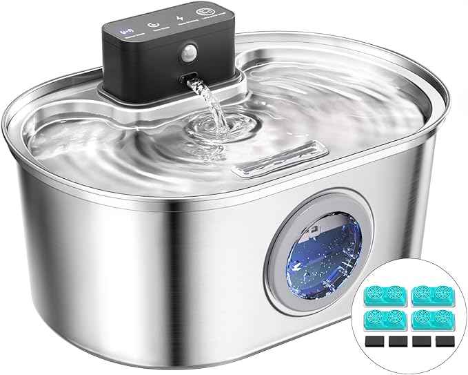 Cat Water Fountain Cordless, Stainless Steel Pet Water Fountain Wireless – 3.2L/108oz Battery Operated Automatic Water Dispenser for Cats Indoor, with Motion Sensor & Quiet Pump (4 Filter & Sponge)