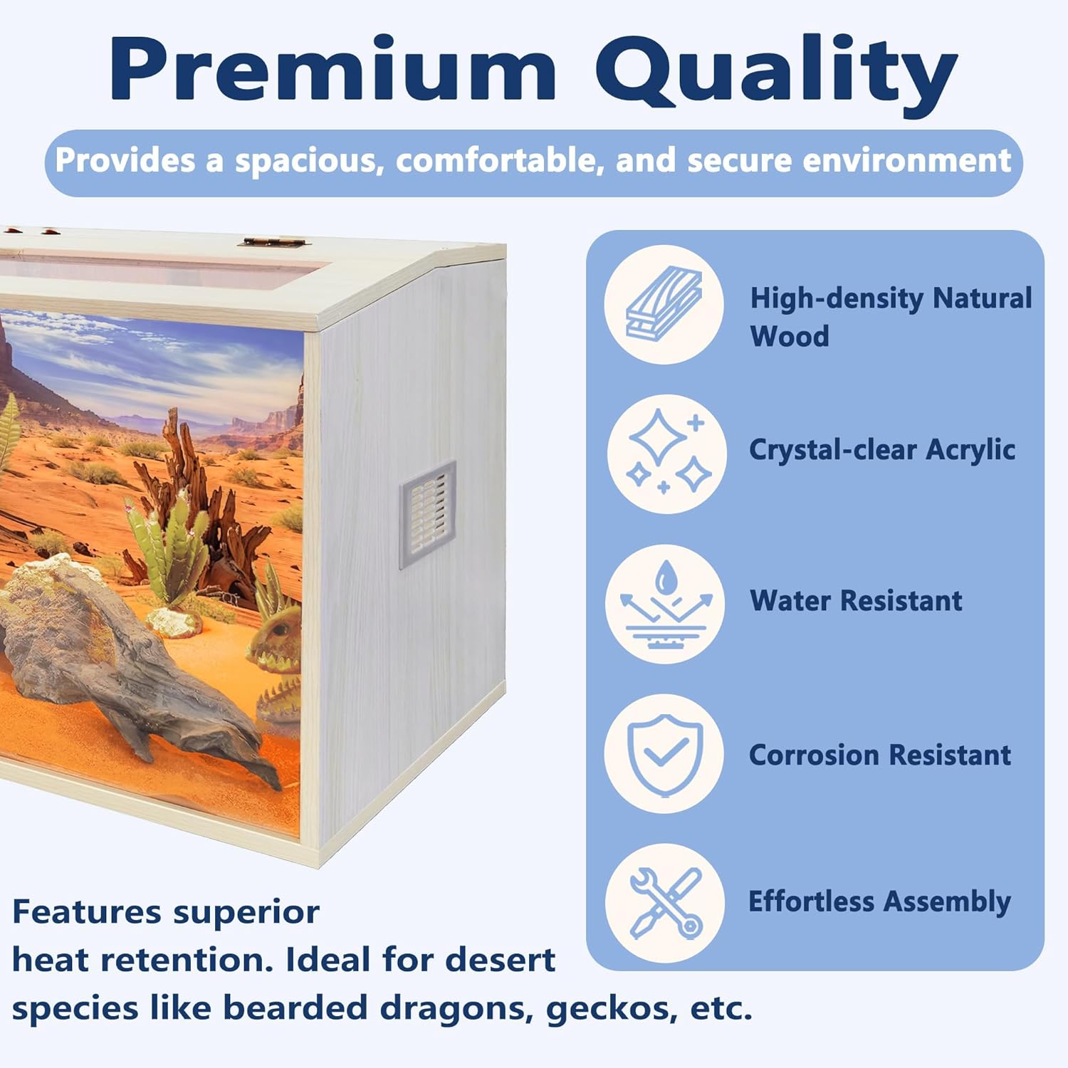Prolee Reptile Terrarium, Lizard Tank Up to 68 Gallons, Bearded Dragon Tank with Roof Door, Snake Tank with Built-in Lamp Fixture and Switch (68 Gallon, 48" Long, Openable Wood Roof) - FurryFun
