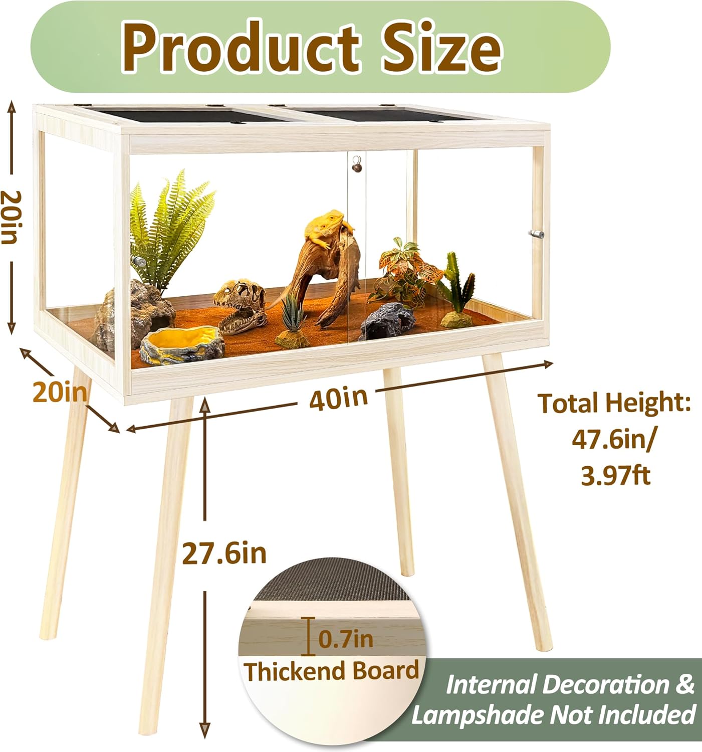 PROLEE Tempered Glass Reptile Enclosure with Leg,40“ Scratch-Proof Bearded Dragon Tank,62 Gallon Lizard Tank with Metal Mesh Tops and Lockable Door,Spacious Reptile Habitat for Snake,Lizard (Oak) - FurryFun