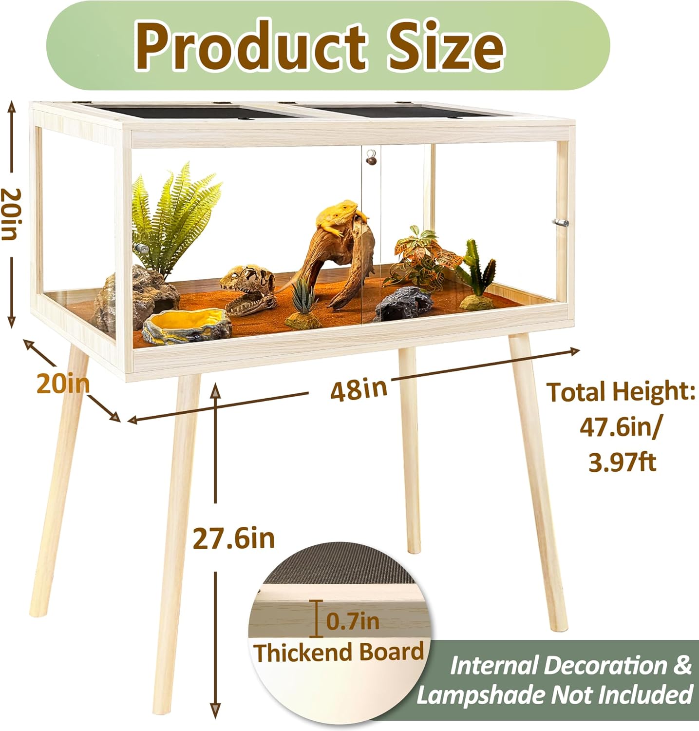 Prolee Tempered Glass Reptile Enclosure with Leg,48“ Scratch-Proof Bearded Dragon Tank,79 Gallon Lizard Tank with Metal Mesh Tops and Lockable Door,Spacious Reptile Habitat for Snake,Lizard (Oak) - FurryFun