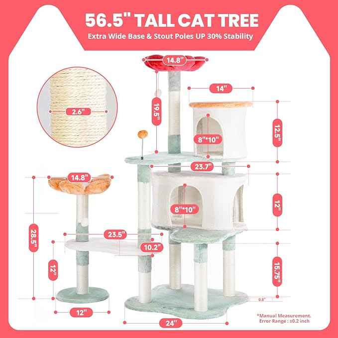 HYABi 56.3in Flower Design Cat Tree, Foldable Multi-Level Tower for Large Cats, Space-Saving Cat Furniture with Scratching Posts, Plush Condo for Indoor Cats