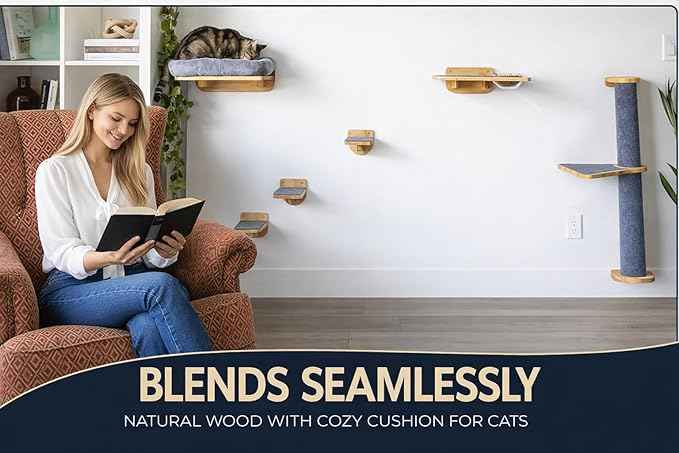 Cat Wall Shelves – Cat Wall Climber with Cat Scratch Post, Removable Bed, Climbing Steps, and Feeding Terrace with Glass Bowls, Waterproof Rubberwood Pet Furniture