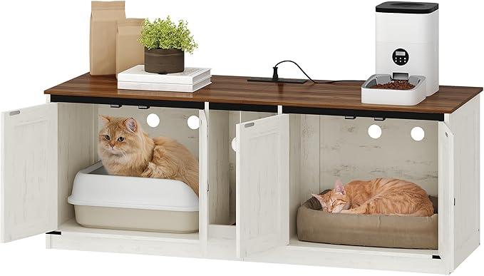 Cat Litter Box Enclosure for 2 Cats, Hidden Litter Box Furniture Cabinet with Double Room, Indoor Cats House with USB Ports & Power Outlets, Farmhouse Style, Rustic Brown and White CB82514XV1