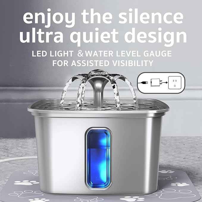 Veken Innovation Award Winner Stainless Steel Cat Water Fountain, 108oz/3.2L Automatic Pet Fountain Dog Water Dispenser with 6 Replacement Filters & Silicone Mat for Cats, Dogs, Multiple Pets (Silver)