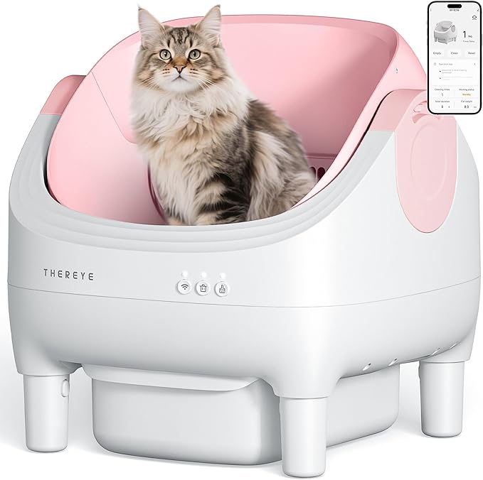 Thereye Self Cleaning Litter Box, Open-Top Automatic Litter Box with Smart App and Safety Sensors, Large Auto Litter Box for Multiple Cats, 10L Waste Bin with Odor Control, Includes Trash Bag, Pink