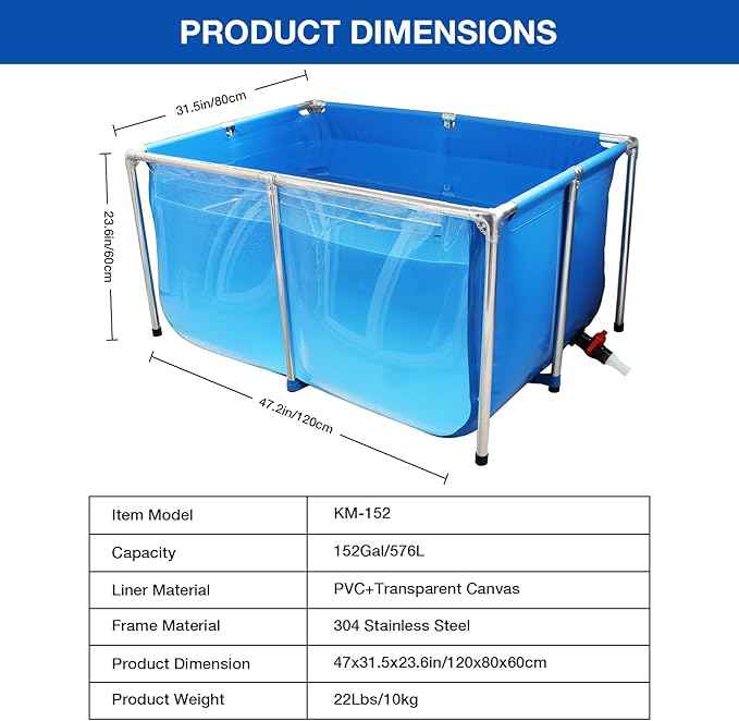 PVC Fish Pond,Above Ground Fish Tank,Goldfish/Koi Pond with Clear Viewing Panel, Outdoor Canvas Aquarium with Stainless Steel Frame & Drain Valve for Outside,47.2 * 31.5 * 23.6in,152 Gallon