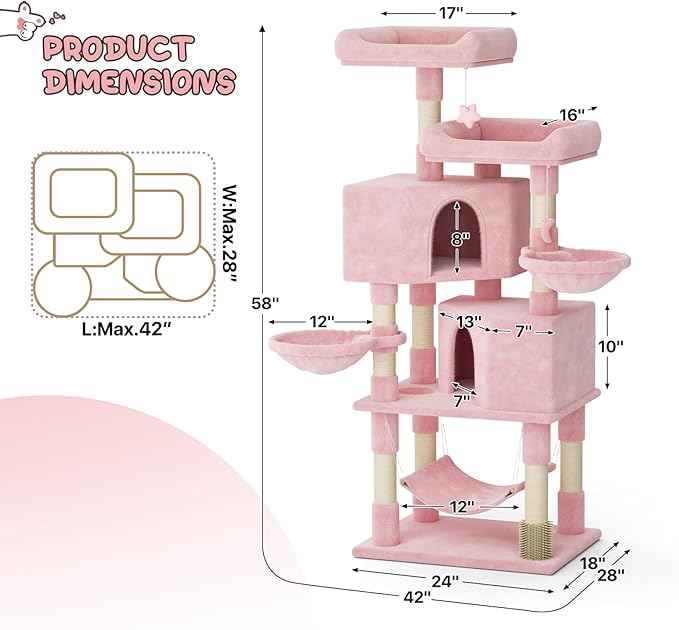 MoNiBloom 58 Inch Cat Tree Tower for Indoor Cats Large Adults, Pink Cat Tower with Scratching Post & Hammock, Pet Play House with Cat Condo, Soft Pink