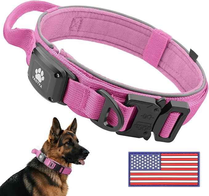 2026 Upgrade Dog Collar with IPX8 Waterproof AirTag Holder,Military Tactical Comfortable Control Handle and Ultra-Durable Metal Buckle/Night Reflective,GPS Collar for Medium to Large Dogs（Pink/L）