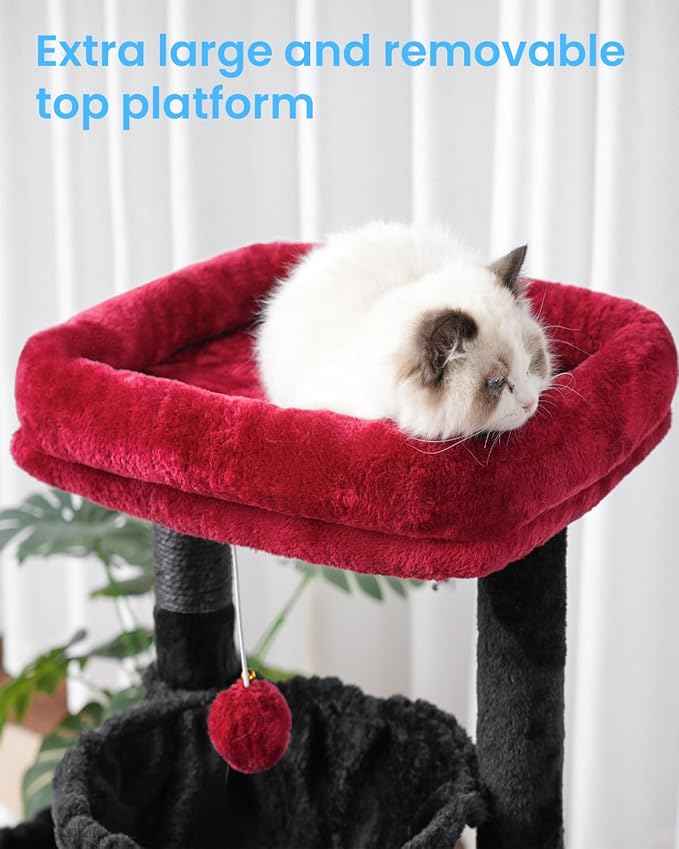 Hey-brother Gothic Cat Tree, Cat Tower for Indoor Cats, Cat House with Large Padded Bed, Cozy Condo, Hammocks, Sisal Scratching Posts, Big Scratcher, Black and Red MPJ006SBR
