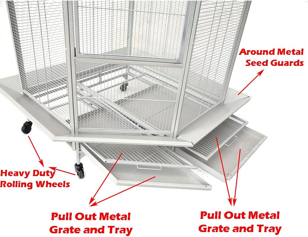 X-Large Corner Parrot Bird Flight Breeding Wrought Iron Rolling Home Cage Solid Plated Feeder Doors with Around Metal Seed Guard