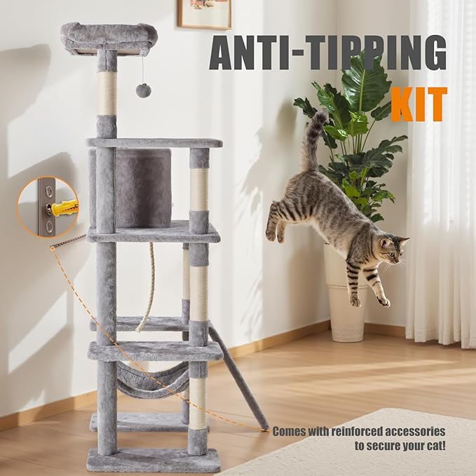 DUMOS Large 63in Cat Tree Tower, Multi Level Cat Climbing Tower with Condo, Natural Sisal Scratching Posts, Extended Platform, Hammock, Pet House for Indoor Cats and Kittens Play, Light Grey