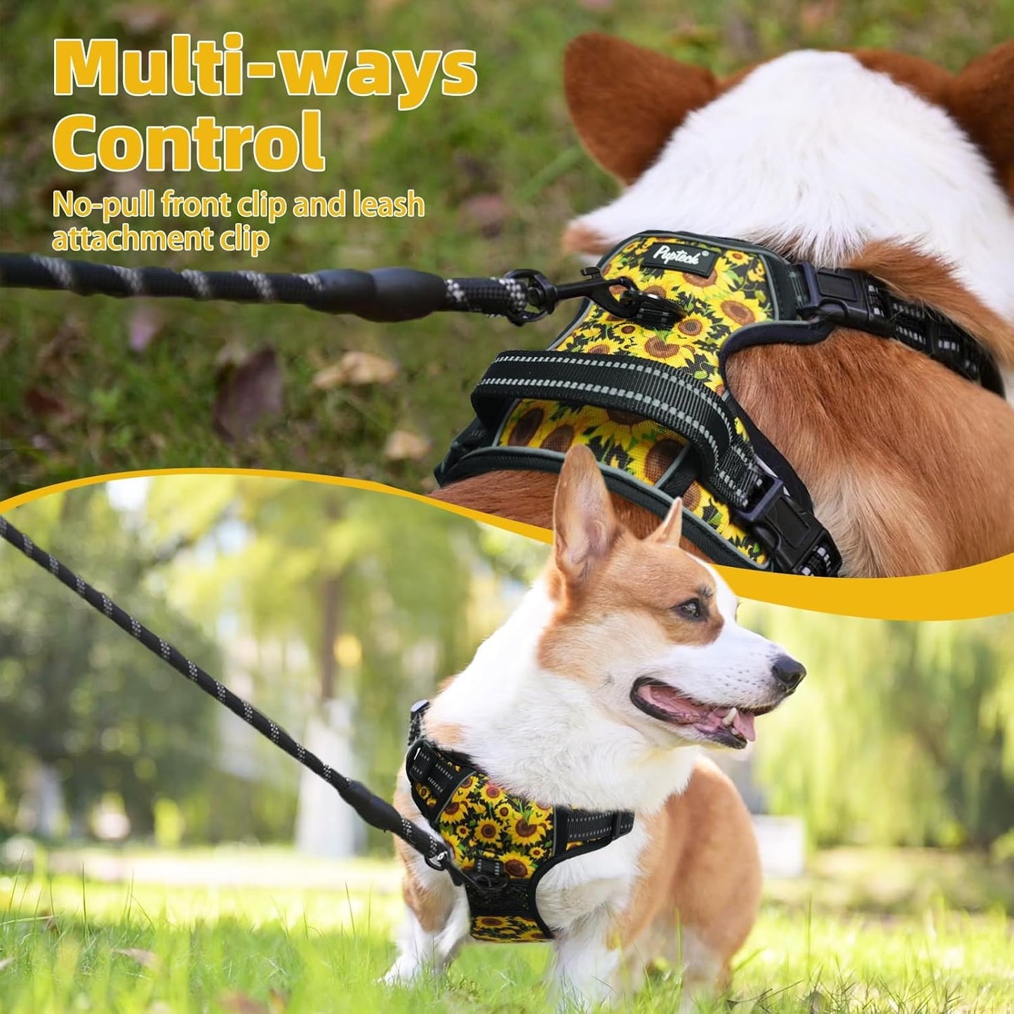 PUPTECK No Pull Dog Harness for Large, Adjustable Reflective Dog Harness with Handle Easy Control, Comfortable Soft Padded Pet Vest Harness for Large Dogs, Sunflower L