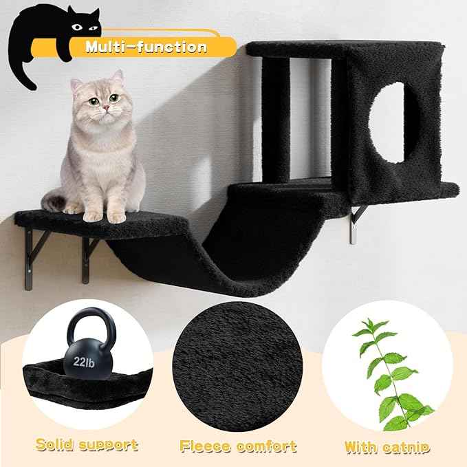 NUNU LAB Wall Mounted Cat Wall Shelves, 12-in-1 Cat Wall Climber with Condos House, Scratching Post, Bridge Ladder, Indoor Space-Saving Furniture for Kittens Play, Black