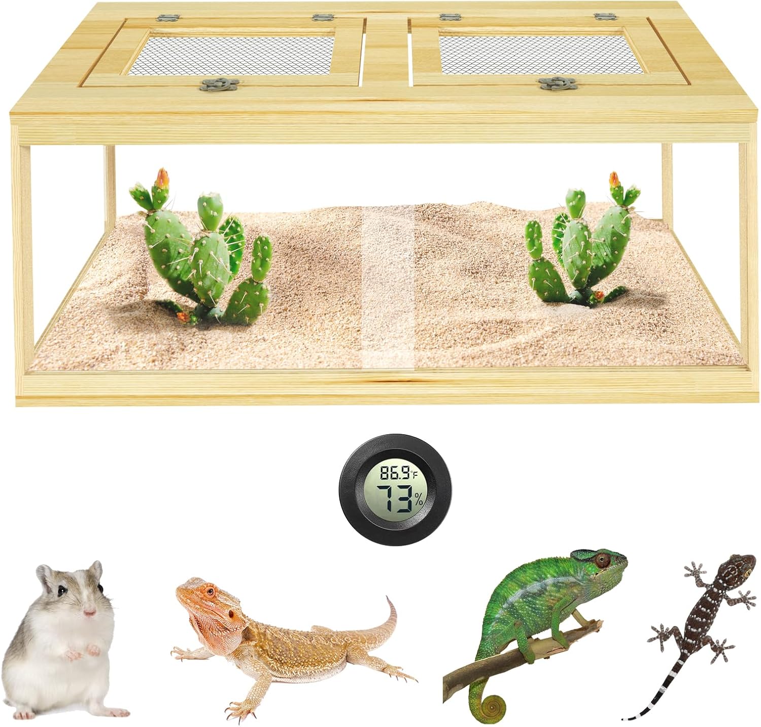 Reptile Terrarium Tank 37 Gallon, Snake Enclosure, Lizard, Leopard Gecko Tank with Openable Metal Mesh, Lockable Bearded Dragon Tank, Front Opening Reptile Cage (Wood, 32" x 16" x 16") - FurryFun