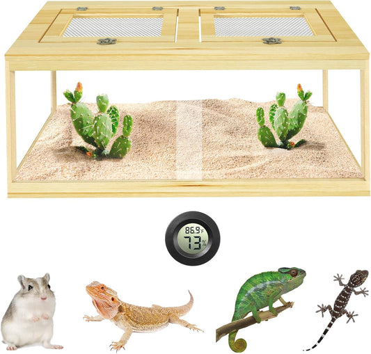 Reptile Terrarium Tank 37 Gallon, Snake Enclosure, Lizard, Leopard Gecko Tank with Openable Metal Mesh, Lockable Bearded Dragon Tank, Front Opening Reptile Cage (Wood, 32" x 16" x 16") - FurryFun