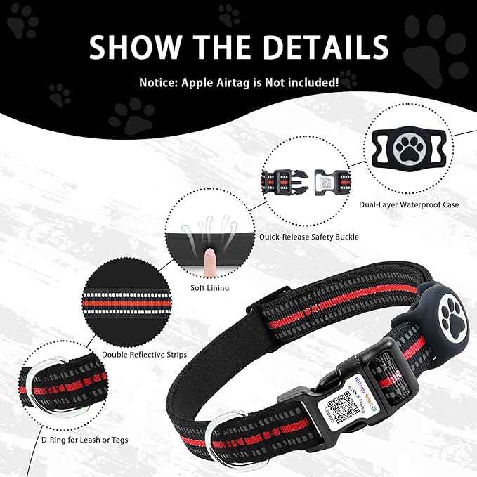 Airtag Dog Collar with QR Code Tag - Reflective Adjustable Nylon Collar, Quick Release Buckle for Small Medium Large Dogs, Comfortable Padded Lining (Red, S)