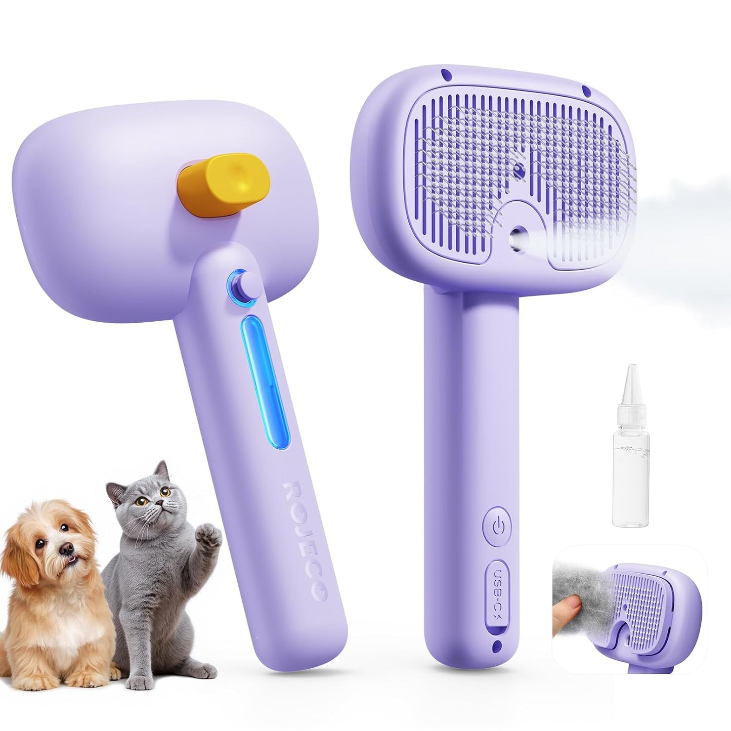 ROJECO 3-in-1 Pet Steam Brush for Cats&Dogs - Detangling Comb with Adjustable Mist, Handheld Deshedding Grooming Tool for Long/Short Hair, Massage Brush & Shedding Control Gift,Cordless,Purple