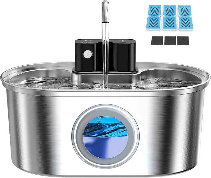 PEKTACO Wireless Cat Water Fountain Stainless Steel, 108oz/3.2L Cordless Battery Operated Pet Water Fountain for Cats Indoor with Quiet Pump, Easy Clean, BPA-Free(3 Filters)